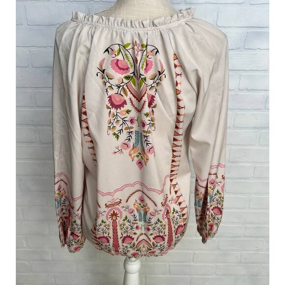 Boho Boutique Women's Tan Western Floral Print Peasant Top Blouse -sz S - Picture 2 of 6
